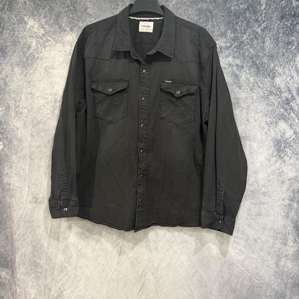 Wrangler Jeans Western Pearl Snap Cowboy Stitch Black Denim Shirt 2XL
